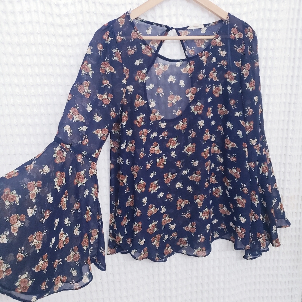 Sheer Navy Boho Bell Sleeve Blouse